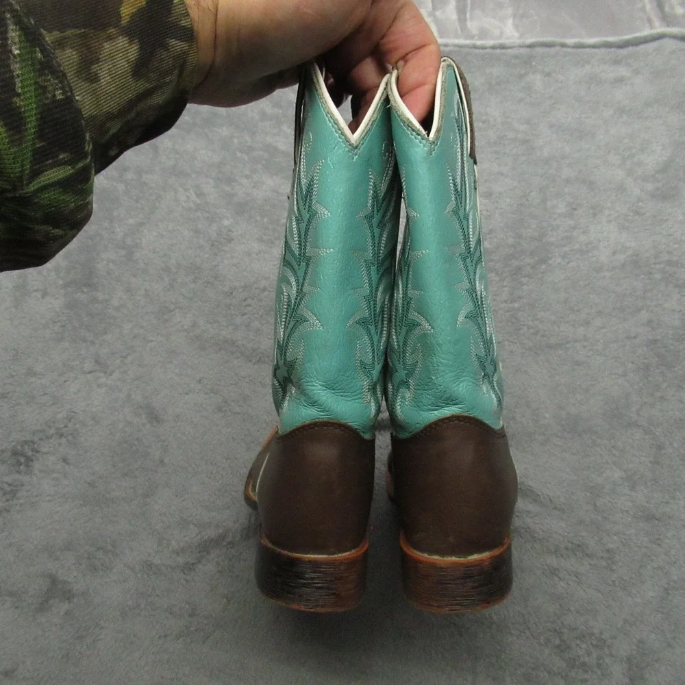 Justin Cowboy Boot Youth 1D Square Toe Brown Turquoise Western Embroidery Riding